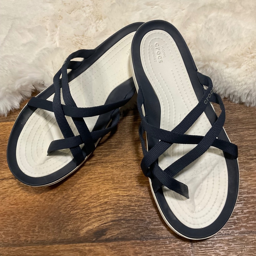 Crocs Iconic Comfort Sandals Size 8 Womens Criss Cross Navy White Swiftwater Web